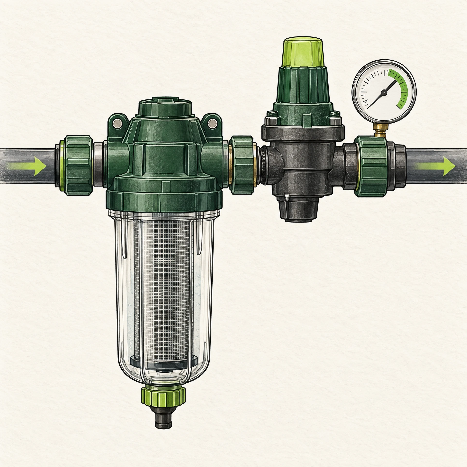 Sketch of an irrigation filter and pressure regulator