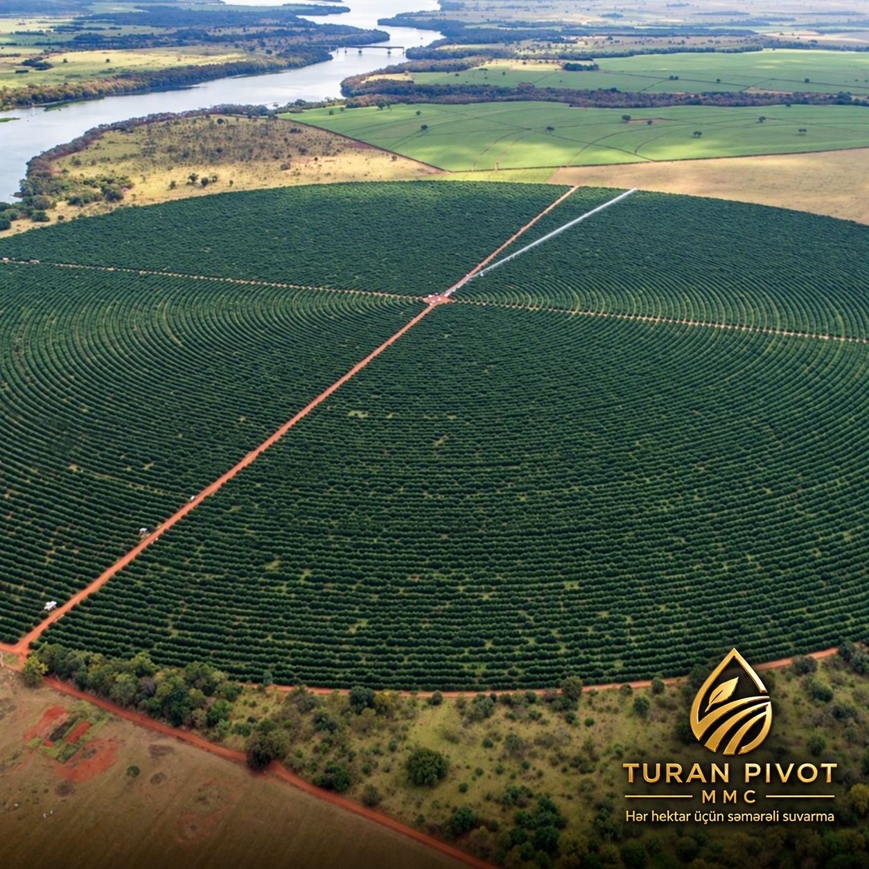 Aerial circular irrigation field with Turan Pivot logo